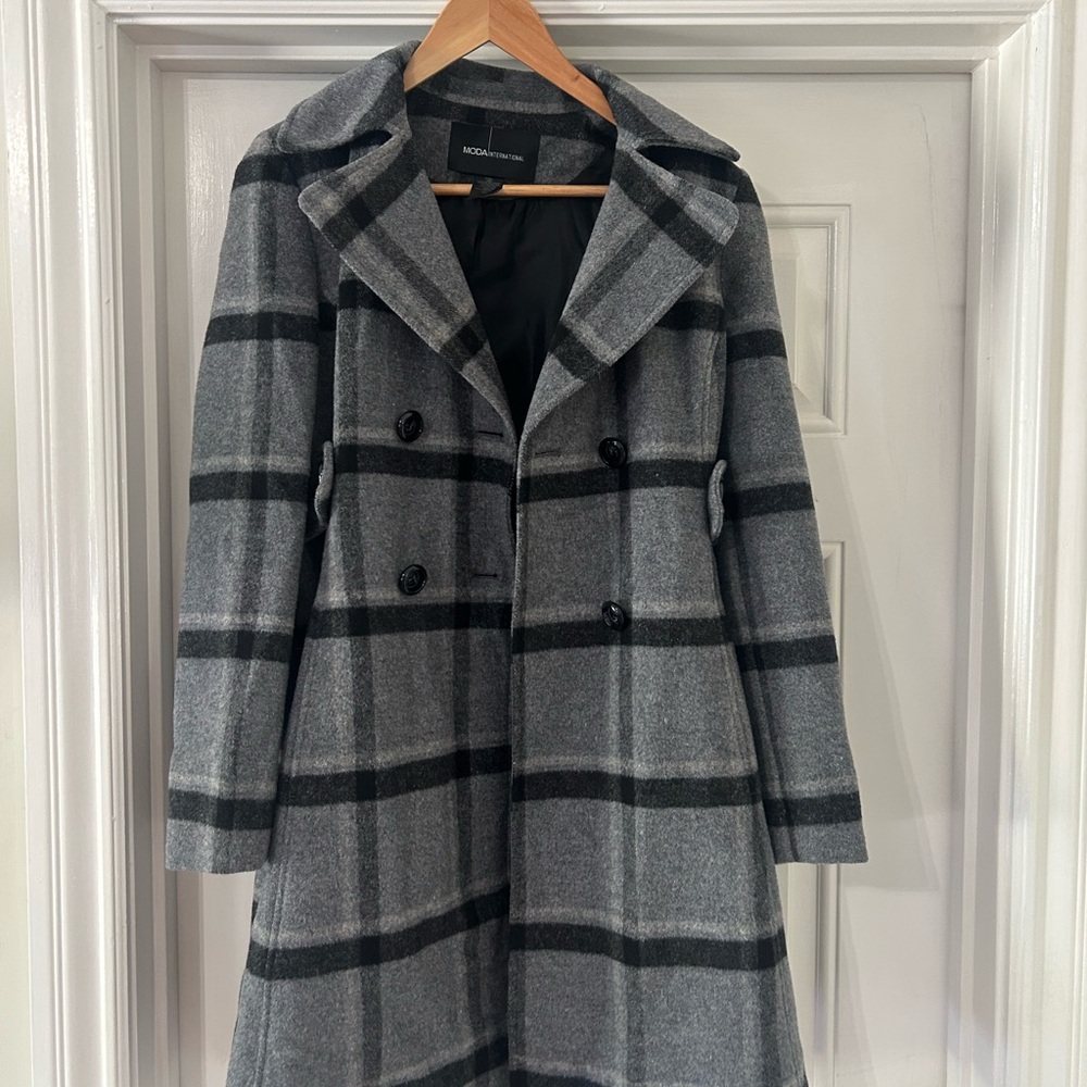 New Look Black and Gray Checkered Trench Coat